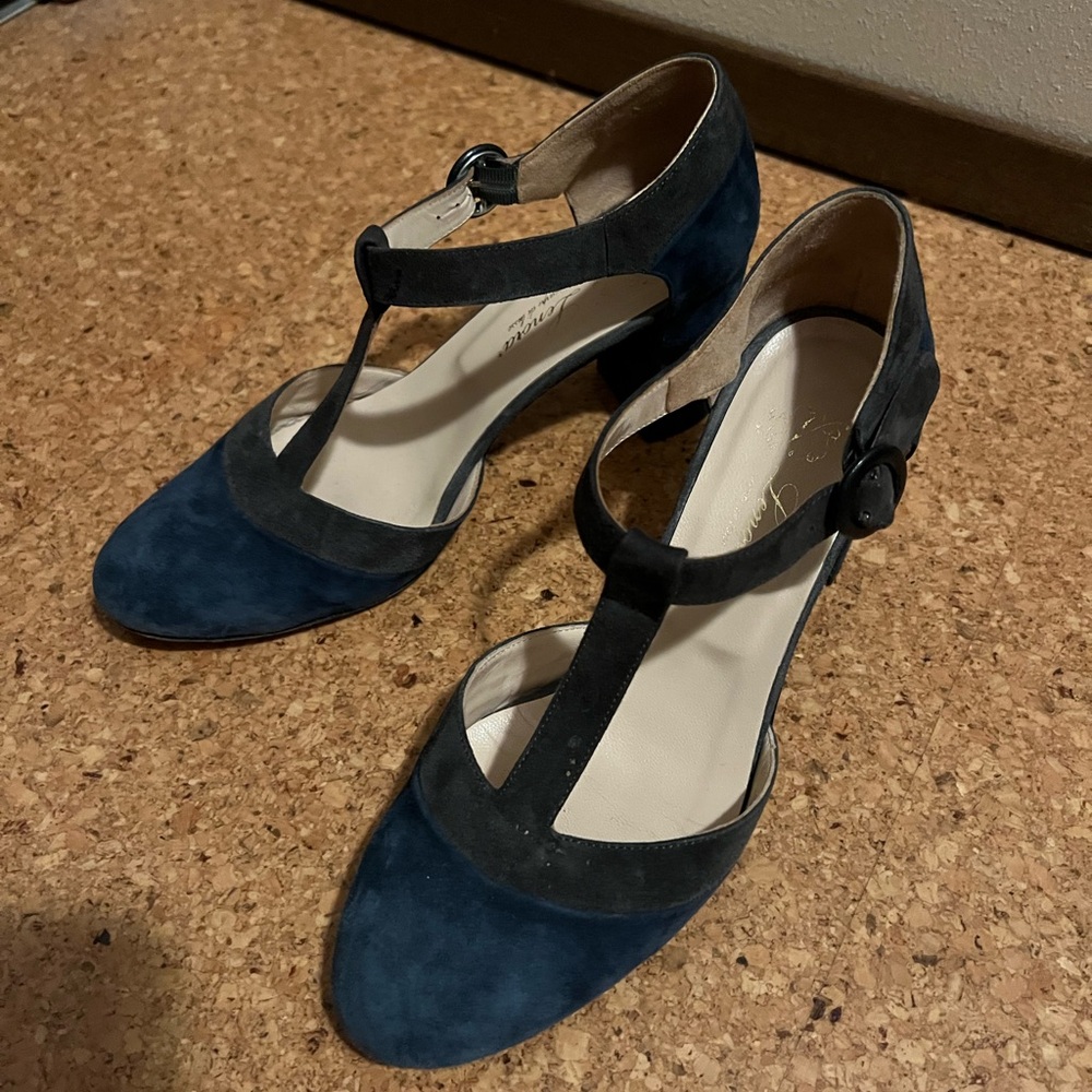 Lenora Scarpe Di Lusso Italy Suede T-Strap Heels Navy Gray Size 8 Anthropologie